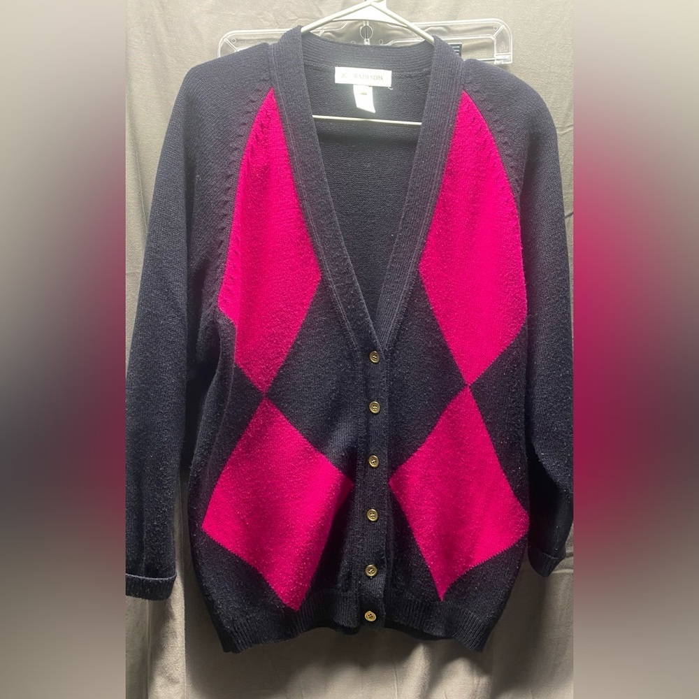 Vintage Jones New York 80’s Pink Wool Blend Argyle Grandpa Cardigan Women's S - Picture 5 of 6